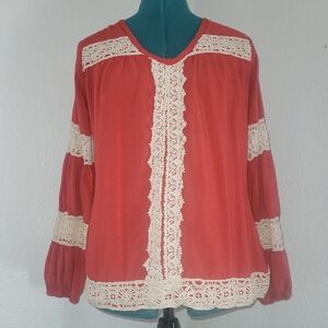 Missy Robertson Red Long Sleeve With Yvory Crochet Details No Size